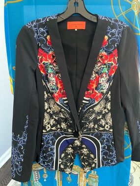 Clover Canyon Black Blazer with Red Floral & Blue Accents